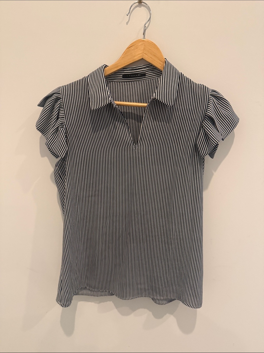 Striped Black & White Collared Flutter Sleeve Top